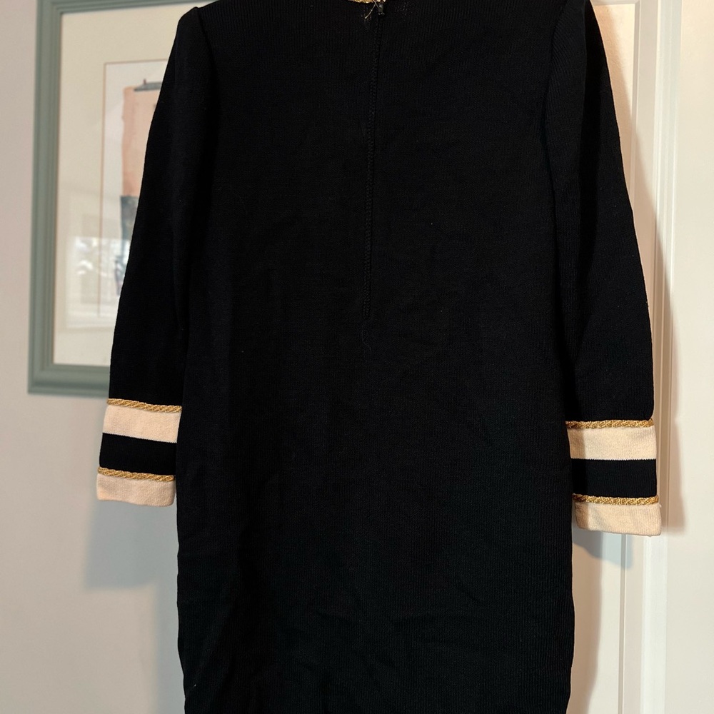 St. John Black Sheath Dress with Cream Cuffed Sleeves